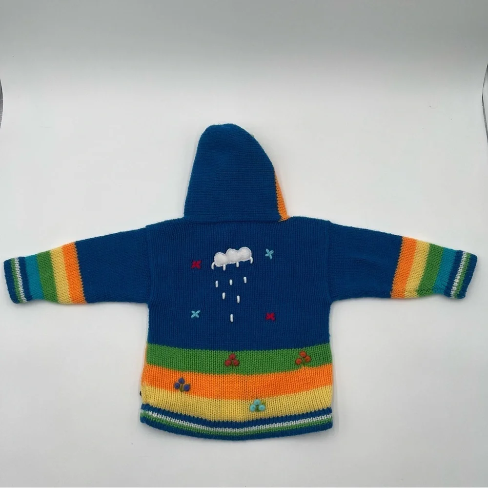 Handmade Knit Sweater Hoodie Baby Infant 0-6 Mos Folk Art Farm Animals Full Zip